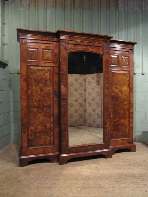 fig 1. ANTIQUE VICTORIAN BURR WALNUT TRIPLE BREAKFRONT WARDROBE C1870