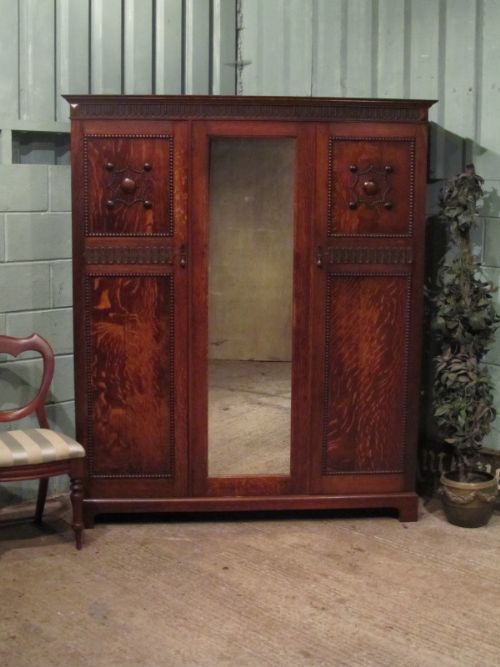 Antique Edwardian Tiger Oak Triple Wardrobe C1900