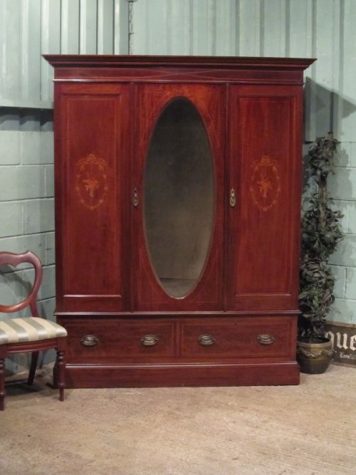 Antique Edwardian Mahogany Inlaid Triple Wardrobe C1900