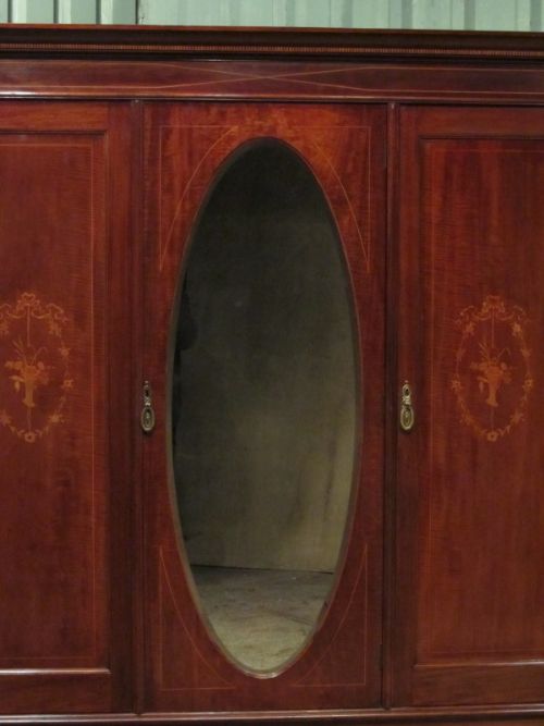 fig 1. ANTIQUE EDWARDIAN MAHOGANY INLAID TRIPLE WARDROBE C1900
