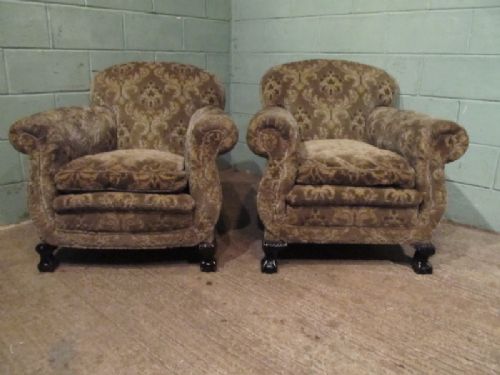 Antique Pair Victorian Scroll Armchairs C1880