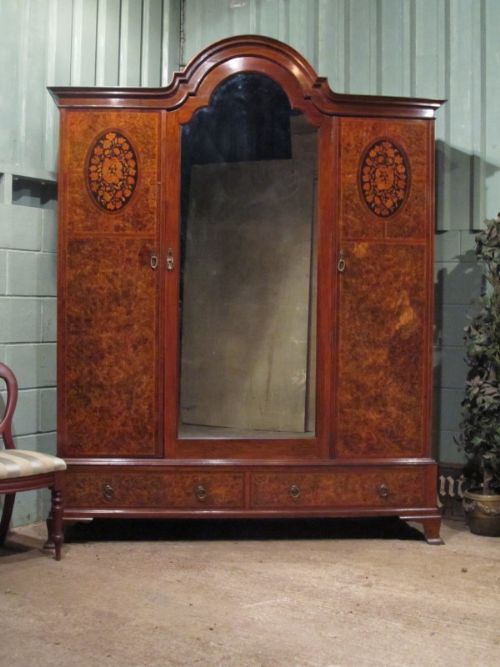 Antique Edwardian Burr Walnut Inlaid Triple Wardrobe C1880
