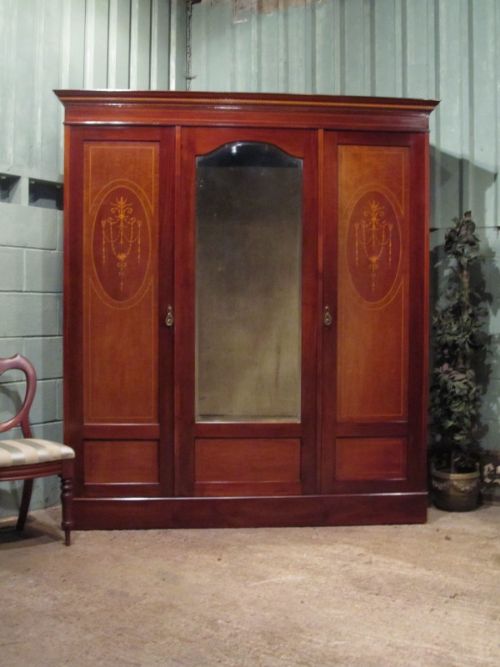 Antique Edwardian Mahogany Inlaid Triple Wardrobe C1900