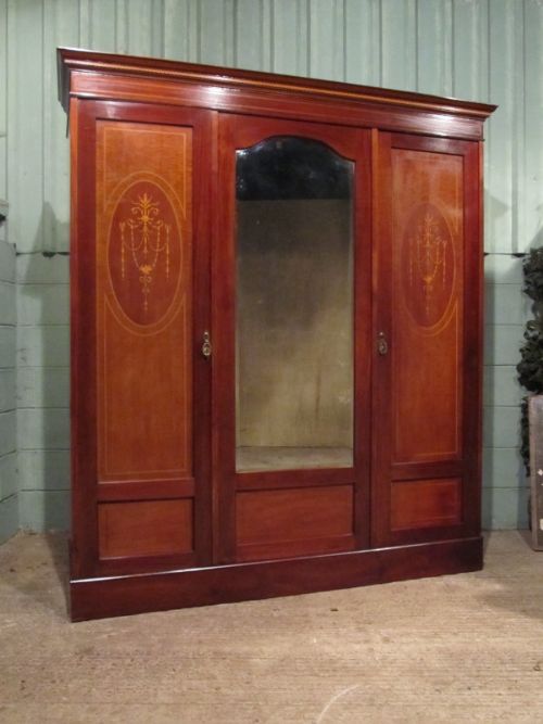 fig 1. ANTIQUE EDWARDIAN MAHOGANY INLAID TRIPLE WARDROBE C1900