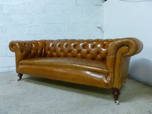 Stunning Antique Victorian Tan Leather Chesterfield Button Back 3 Seater Sofa C1880