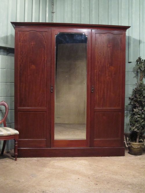 Antique Edwardian Mahogany Inlaid Triple Wardrobe C1900 W7293/5.2