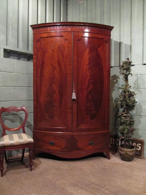 Antique Edwardian Bow Front Mahogany Double Wardrobe C1900