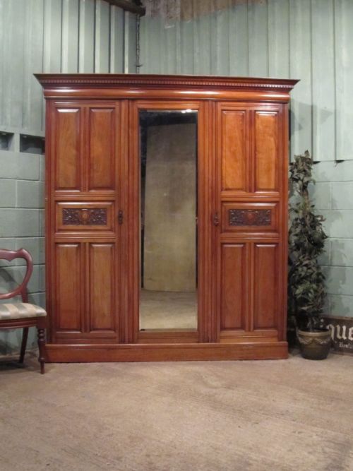 Antique Art Nouveau Walnut Triple Wardrobe C1890