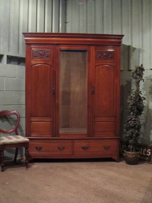 Antique Late Victorian Small Walnut Triple Wardrobe C1890