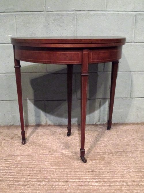 Antique Edwardian Sheraton Mahogany Demi Lune Fold Over Games Table