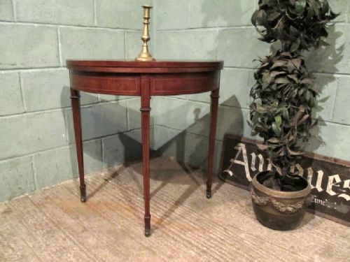 fig 1. ANTIQUE EDWARDIAN SHERATON MAHOGANY DEMI LUNE FOLD OVER GAMES TABLE