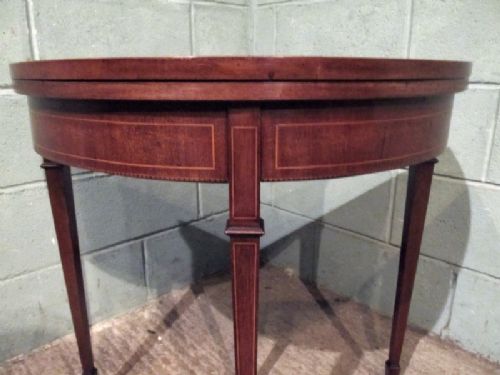 fig 2. ANTIQUE EDWARDIAN SHERATON MAHOGANY DEMI LUNE FOLD OVER GAMES TABLE