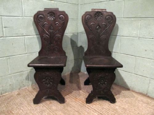 Antique Pair 19th Century Carved Oak Hall Chairs