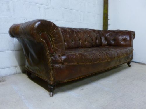 fig 1. ORIGINAL ANTIQUE VICTORIAN CHESNUT BROWN LEATHER CHESTERFIELD BUTTON BACK 3 SEATER SOFA C1865