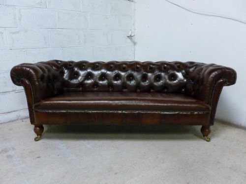 Antique Victorian Conker Brown Leather Chesterfield Button Back 3 Seater Sofa C1880