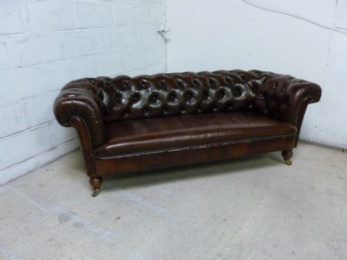 fig 1. ANTIQUE VICTORIAN CONKER BROWN LEATHER CHESTERFIELD BUTTON BACK 3 SEATER SOFA C1880