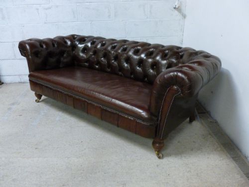 fig 2. ANTIQUE VICTORIAN CONKER BROWN LEATHER CHESTERFIELD BUTTON BACK 3 SEATER SOFA C1880