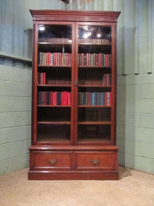 fig 1. ANTIQUE LATE 19TH CENTURY TALL OAK GLAZED LIBRARY BOOKCASE C1890