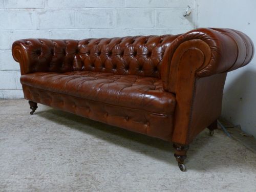 fig 1. PAIR ANTIQUE EDWARDIAN CIGAR BROWN LEATHER CHESTERFIELD FULL BUTTON DOWN 3 SEATER SOFAS C1900
