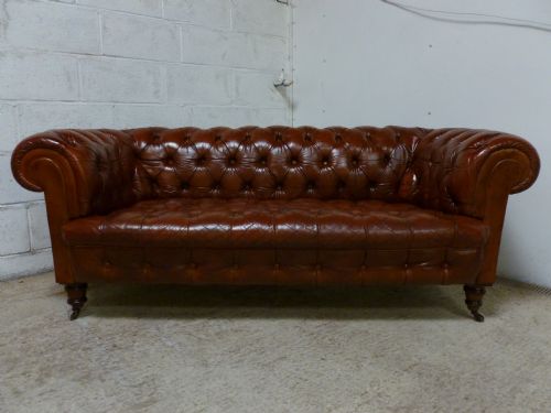 fig 2. PAIR ANTIQUE EDWARDIAN CIGAR BROWN LEATHER CHESTERFIELD FULL BUTTON DOWN 3 SEATER SOFAS C1900