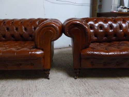 Pair Antique Edwardian Cigar Brown Leather Chesterfield Full Button Down 3 Seater Sofas C1900