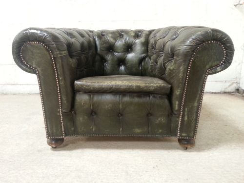 Antique Victorian Parliament Green Leather Chesterfield Gentleman's Club Armchair  C1890