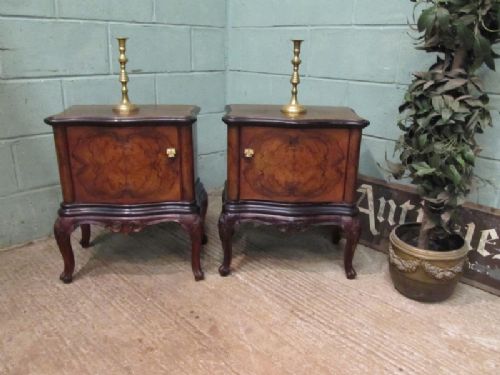 Antique Pair Italian Serpentine Burr Walnut Bedside Cabinets C1900