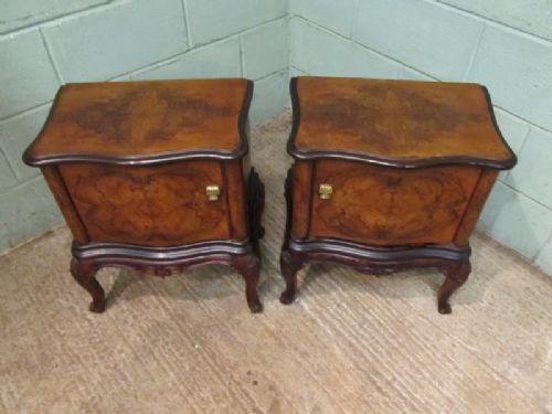 fig 1. ANTIQUE PAIR ITALIAN SERPENTINE BURR WALNUT BEDSIDE CABINETS C1900