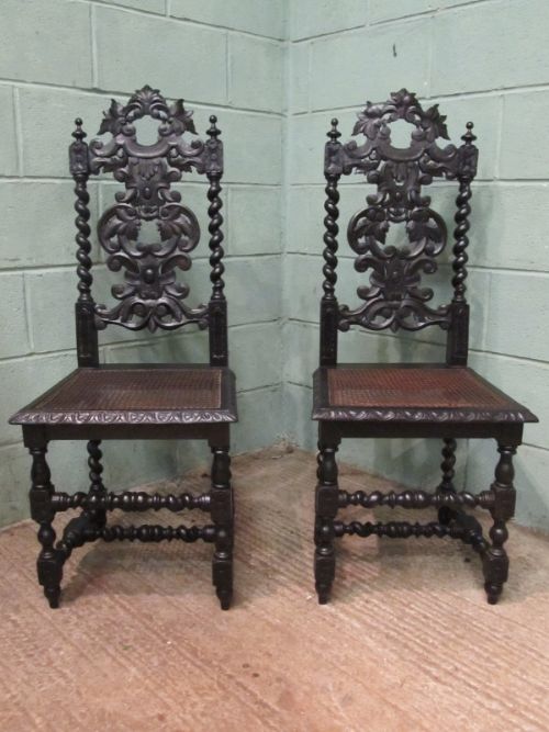 fig 1. ANTIQUE PAIR VICTORIAN CARVED OAK HALL SIDE CHAIRS C1880