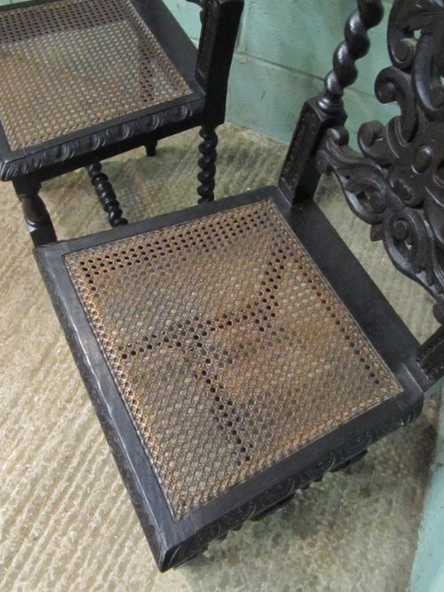 fig 2. ANTIQUE PAIR VICTORIAN CARVED OAK HALL SIDE CHAIRS C1880