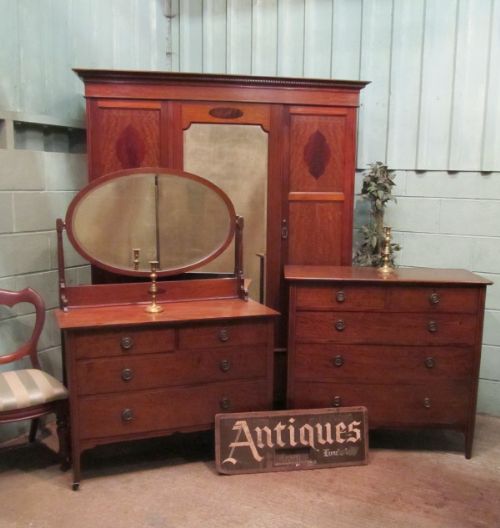 Antique Edwardian Mahogany Inlaid Three Piece Bedroom Suite C1900