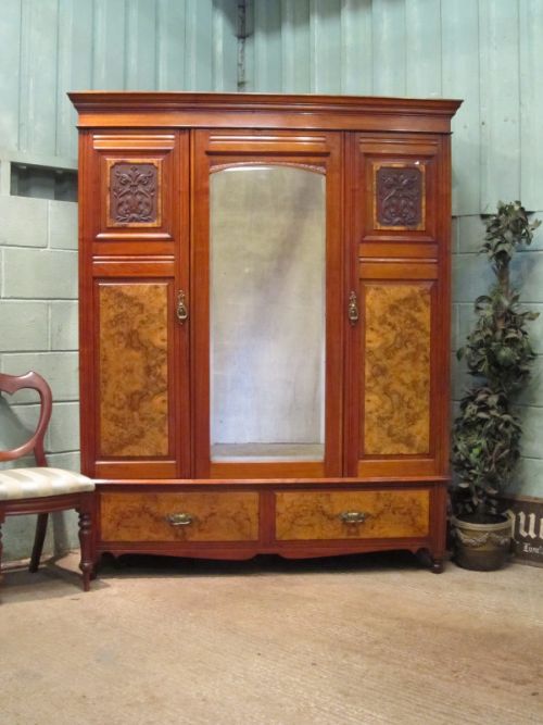 Antique Edwardian Burr Walnut Triple Wardrobe C1900