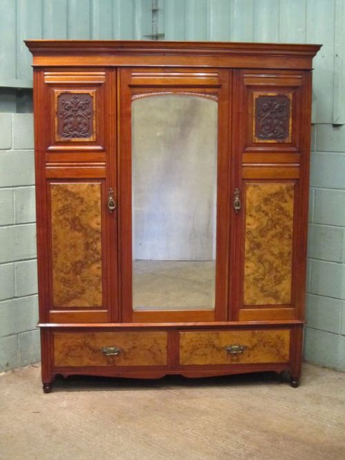 fig 1. ANTIQUE EDWARDIAN BURR WALNUT TRIPLE WARDROBE C1900