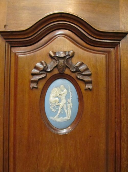 fig 1. ANTIQUE EDWARDIAN MAHOGANY SINGLE WARDROBE WITH WEDGWOOD PLAQUES C1900