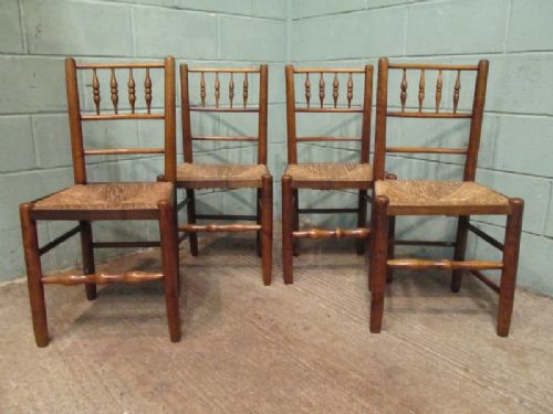Antique Set Four Early 19th Century Country Elm Spindle Back Chairs C1840