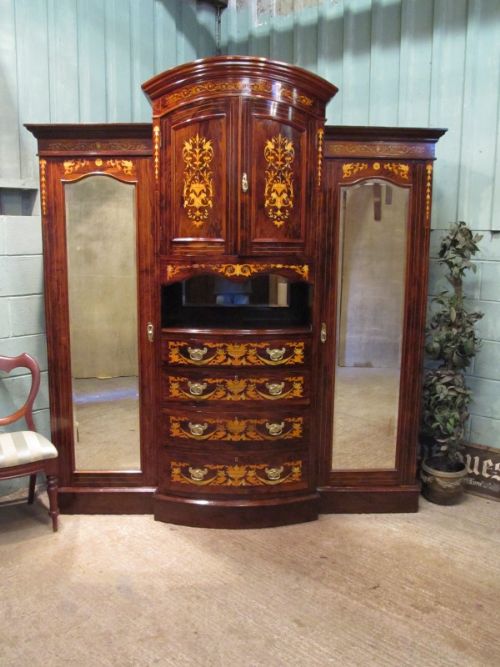 Antique Edwardian Rosewood Highly Inlaid Breakfront Triple Wardrobe C1900