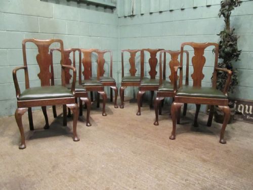 Antique Set Eight Edwardian Oak Queen Anne Style Dining Chairs C1900