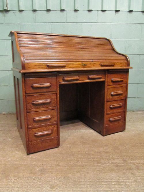 Antique Late 19th Century Oak Roll Top Pedestal Desk C1890