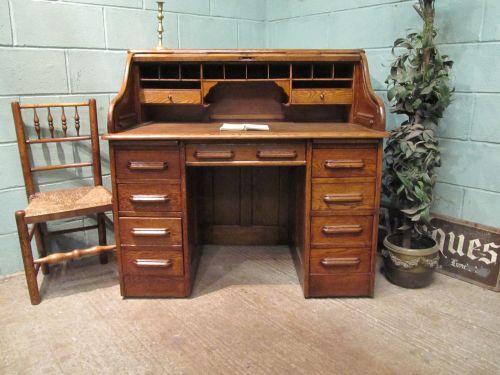 fig 1. Antique Late 19th Century Oak Roll Top Pedestal Desk c1890