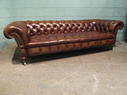 Antique Victorian Leather Hide Full Button Down Large Chesterfield Three Seater Sofa C1880