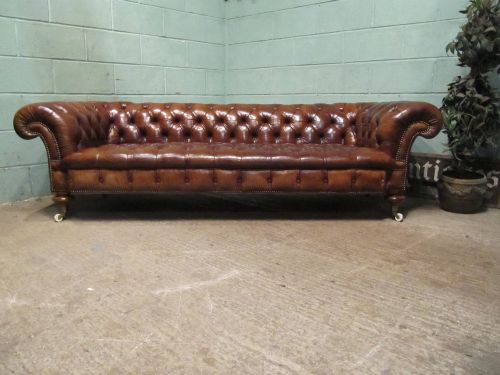 fig 1. ANTIQUE VICTORIAN LEATHER HIDE FULL BUTTON DOWN LARGE CHESTERFIELD THREE SEATER SOFA C1880