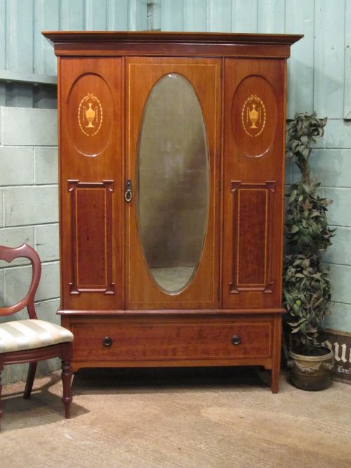 Antique Edwardian Inlaid Mahogany Double Wardrobe C1900