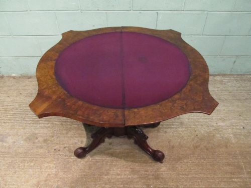 fig 2. ANTIQUE WILLIAM 1V BURR WALNUT SERPENTINE FOLD OVER GAMES TABLE C1830