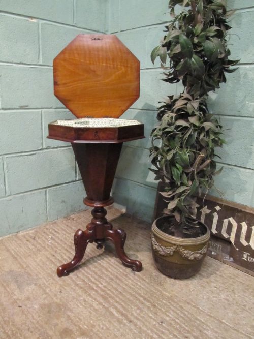 fig 1. ANTIQUE VICTORIAN BURR WALNUT TRUMPET SEWING WORK TABLE C1880