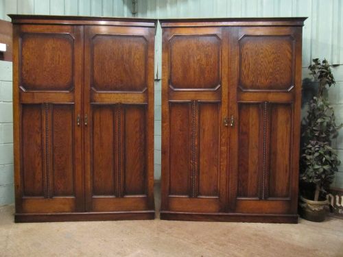 Antique Pair Edwardian Oak Double Wardrobes C1900