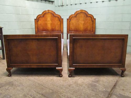 Antique Pair of Edwardian Burr Walnut Single Beds in Queen Anne Style C1900