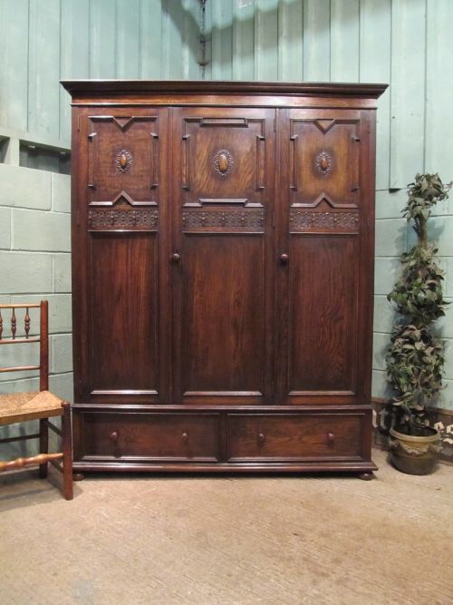 Antique Edwardian Small Oak Triple Wardrobe C1900