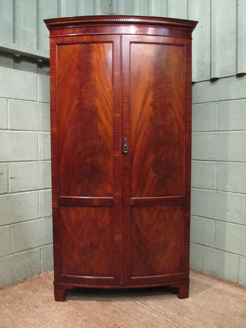 fig 1. ANTIQUE EDWARDIAN REGENCY FLAMED MAHOGANY BOW FRONT DOUBLE WARDROBE C1900