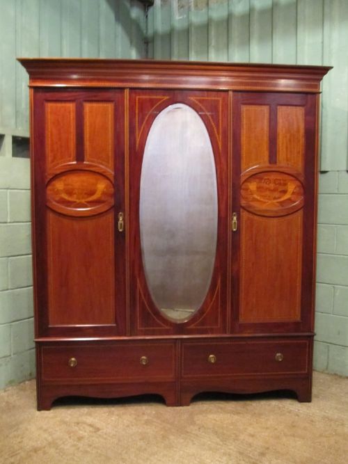 Antique Edwardian Hampton & Sons Pall Mall Inlaid Mahogany Triple Wardrobe C1900
