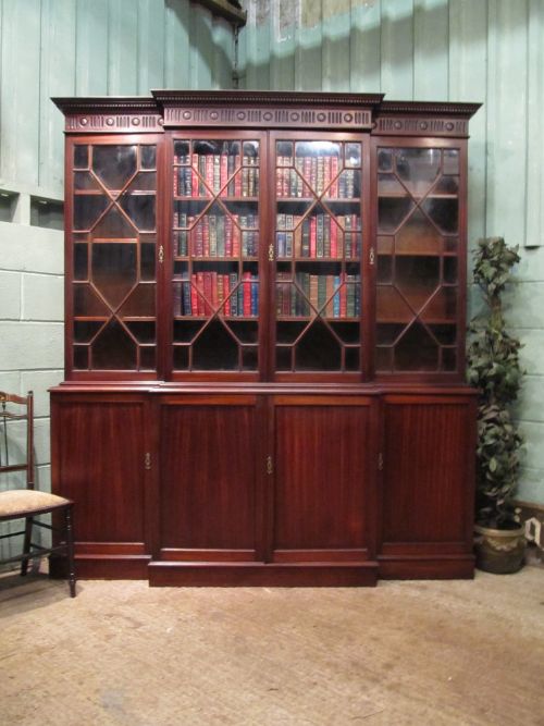 Antique Mahogany Astragal Glazed Triple Breakfront Bookcase C1920